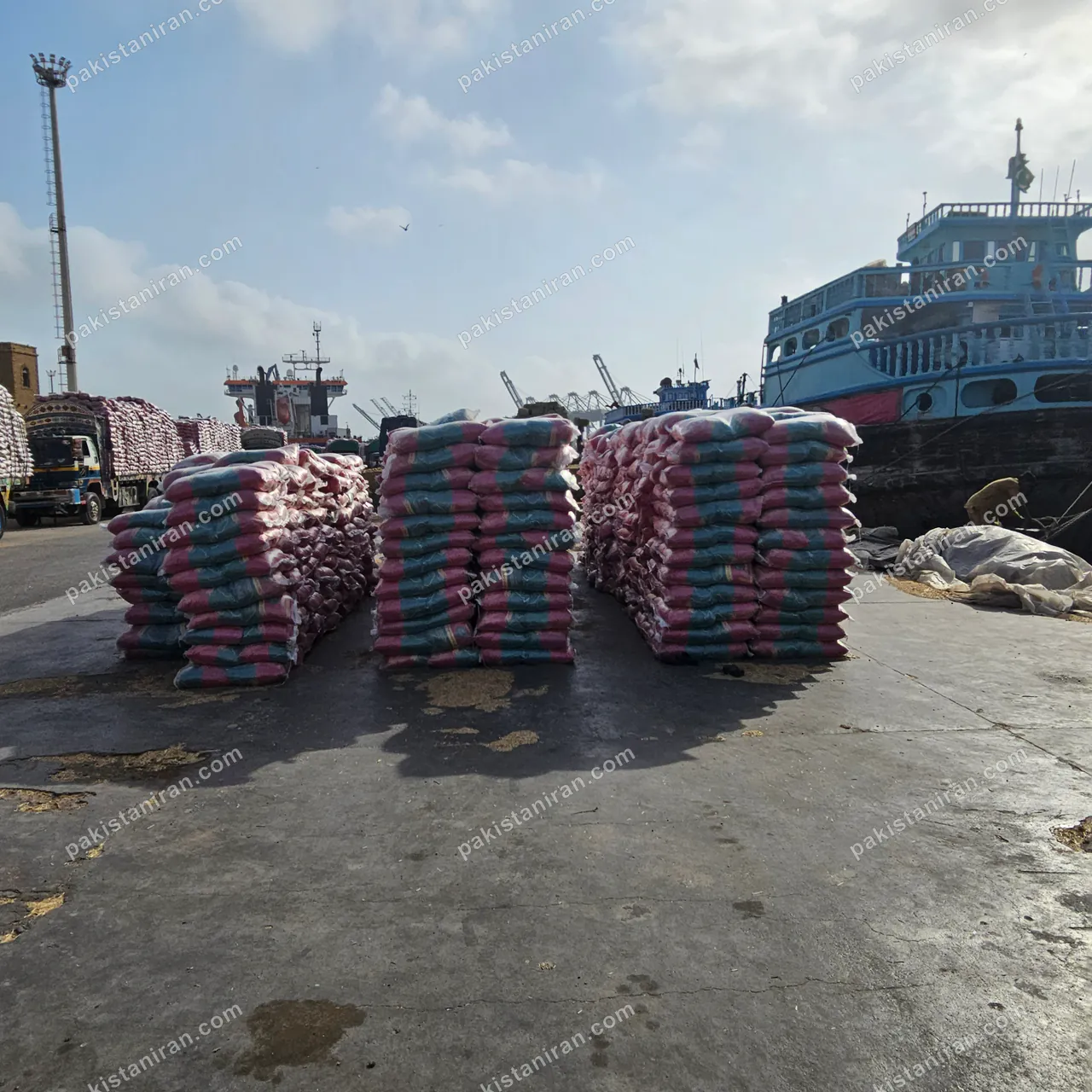 HAS Trading shipment: Rice bags staged on the wharf before loading